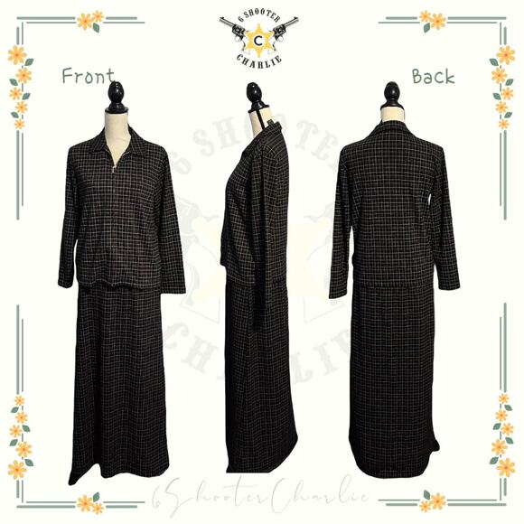 VTG CRAZY HORSE Liz Claiborne Black Brown Plaid Full Zip Top Size PM & Skirt PL - Picture 1 of 8